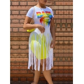 LW Street O Neck Lip Print Tassel Design White T-s