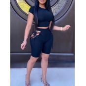 lovely Sexy O Neck Bandage Design Black Two Piece 