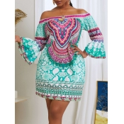 Lovely Ethnic Dew Shoulder Print Green Mini Dress