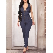 Lovely Trendy Sleeveless Buttons Design Deep Blue 
