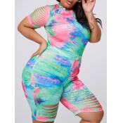 lovely Trendy Tie-dye Hollow-out Green Plus Size T