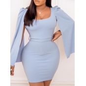 lovely Trendy U Neck Patchwork Blue Mini Dress