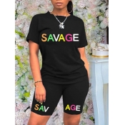 lovely Sportswear O Neck Letter Print Black Two Pi