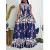 Lovely Bohemian Sleeveless Print Blue Maxi Dress