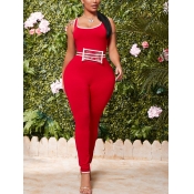 Lovely Sportswear Patchwork Red One-piece Jumpsuit