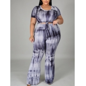 lovely Casual O Neck Tie-dye Black Plus Size Two-p