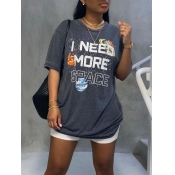 Lovely Street O Neck Letter Print Grey T-shirt