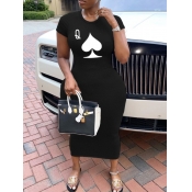 LW Plus Size Casual O Neck Print Black Mid Calf Dr