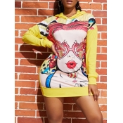 Lovely Casual Hooded Collar Print Yellow Mini Dres