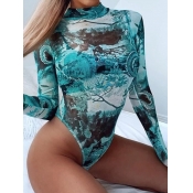 lovely Sexy Print Skinny Blue Bodysuit