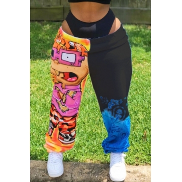 

Lovely Street Print Patchwork Black Pants