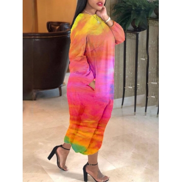 

LW BASICS Plus Size Trendy O Neck Tie-dye Pink Ankle Length Dress