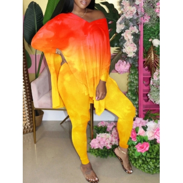 

LW Street V Neck Tie Dye Side Slit Yellow Two Piece Pants Set