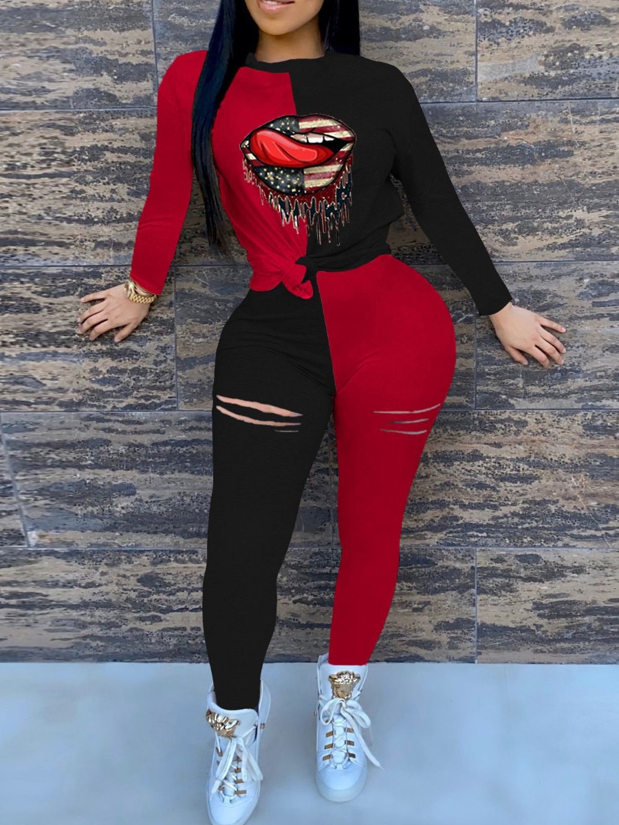 

lovely Street O Neck Lip Print Patchwork Red Two Piece Pants Set