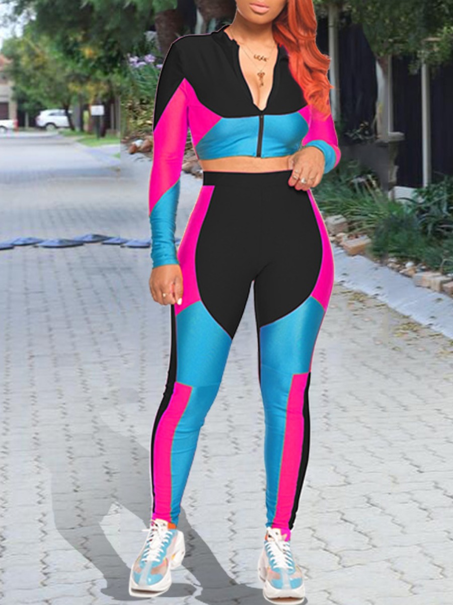 

lovely Sportswear Color-lump Patchwork Zipper Design Black Two Piece Pants Set