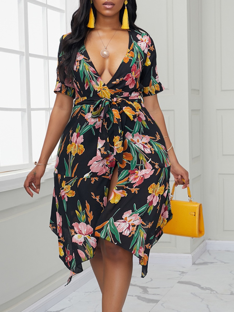 

lovely Trendy Deep V Neck Plants Print Black Knee Length Dress