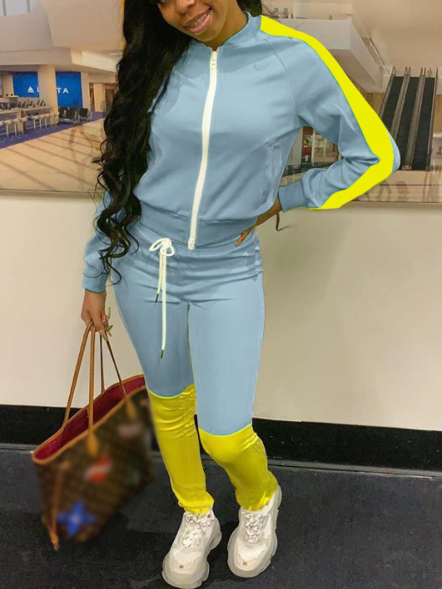 

lovely Casual Patchwork Zipper Design Blue Two Piece Pants Set