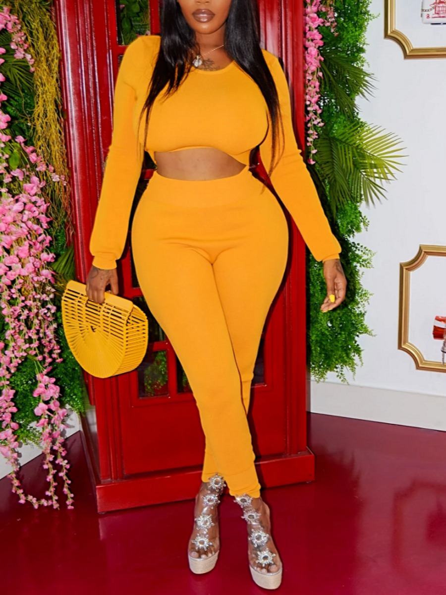 

Lovely Sportswear O Neck Backless Yellow Two Piece Pants Set