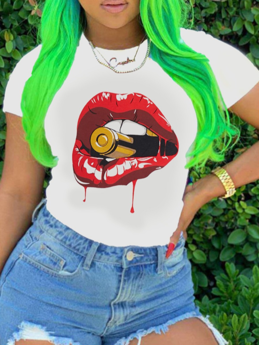 

lovely Casual O Neck Lip Print White Plus Size T-shirt