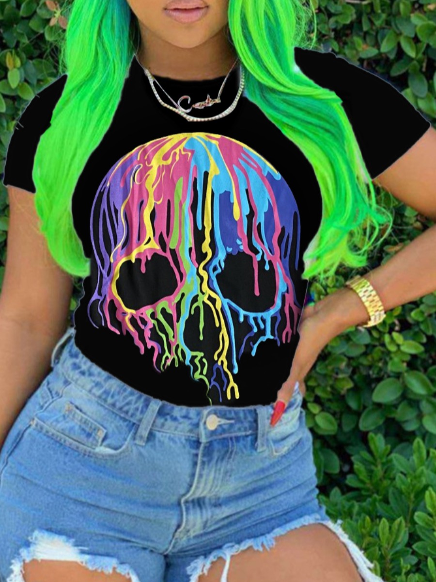 

lovely Casual O Neck Print Black Plus Size T-shirt