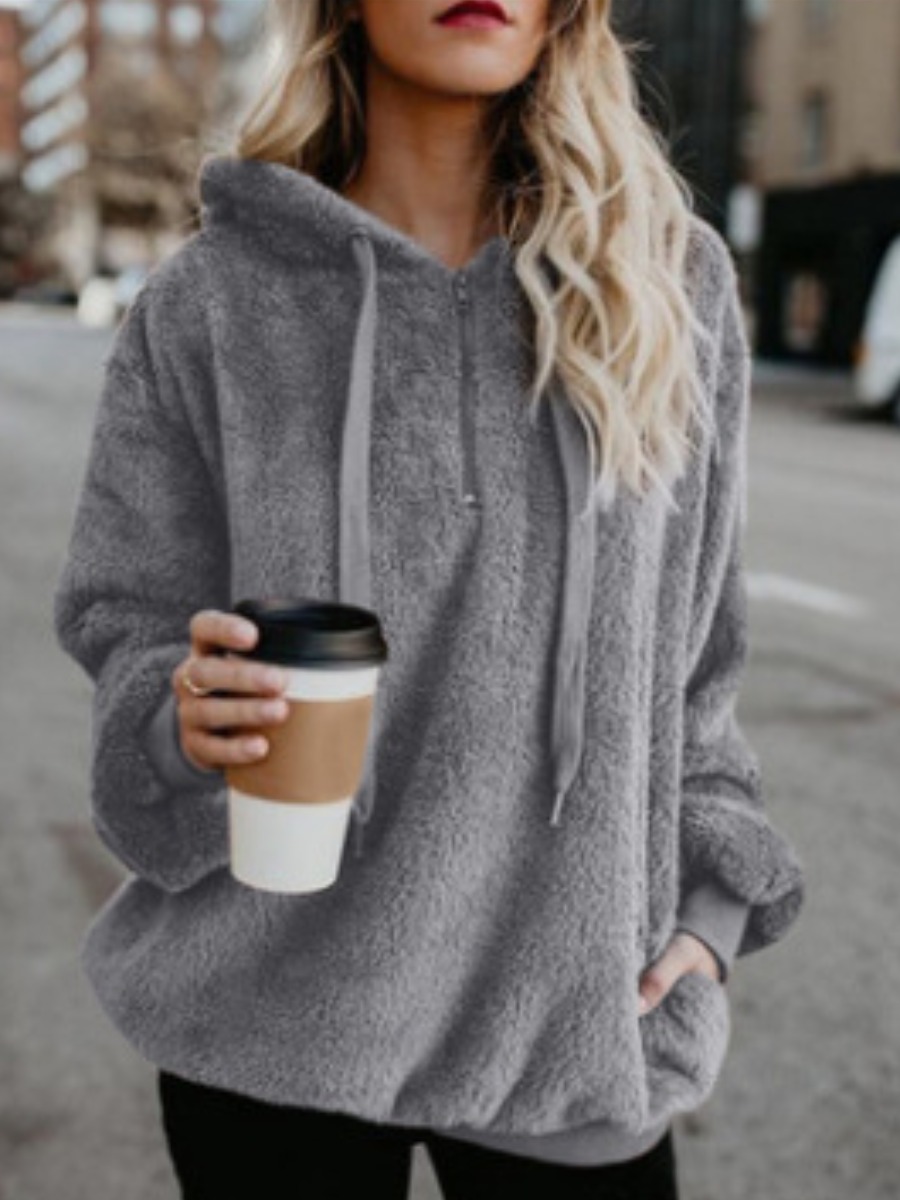 

lovely Street Hooded Collar Zipper Design Grey Hoodie