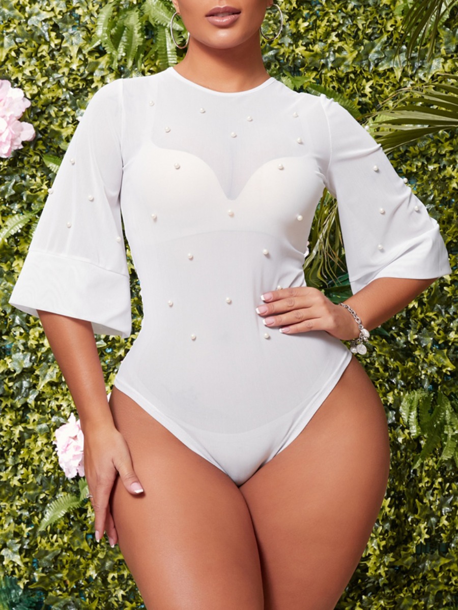 

lovely Trendy Nail Bead Design See-through White Bodysuit