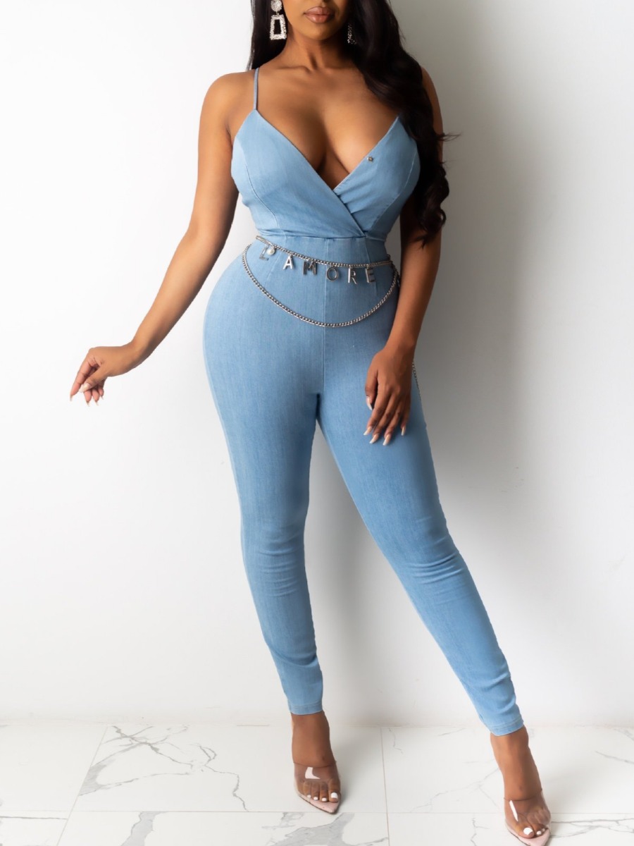 

lovely Trendy Spaghetti Strap Hollow-out Baby Blue Denim One-piece Jumpsuit