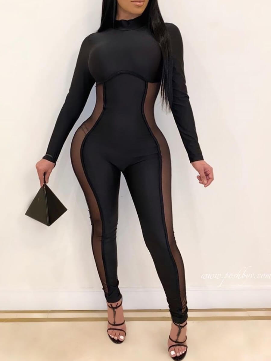 

Lovely Sexy Patchwork See-through Black One-piece Jumpsuit