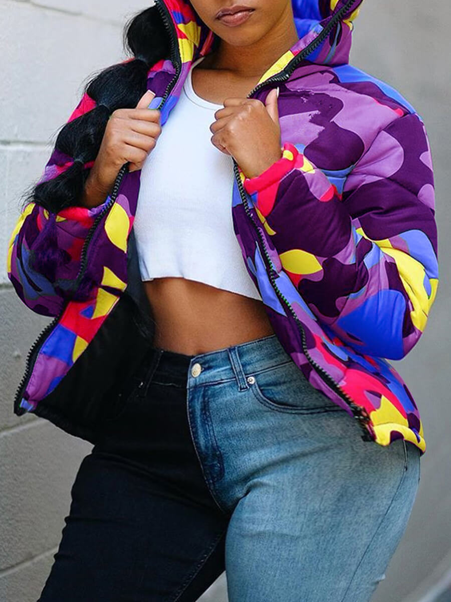 

Lovely Sportswear Hooded Collar Camo Print Purple Plus Size Parka