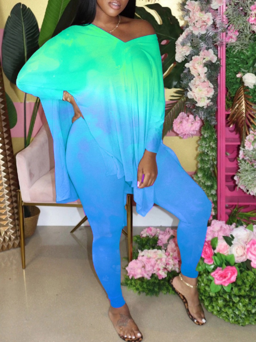 

Lovely Street V Neck Tie Dye Side Slit Blue Two Piece Pants Set