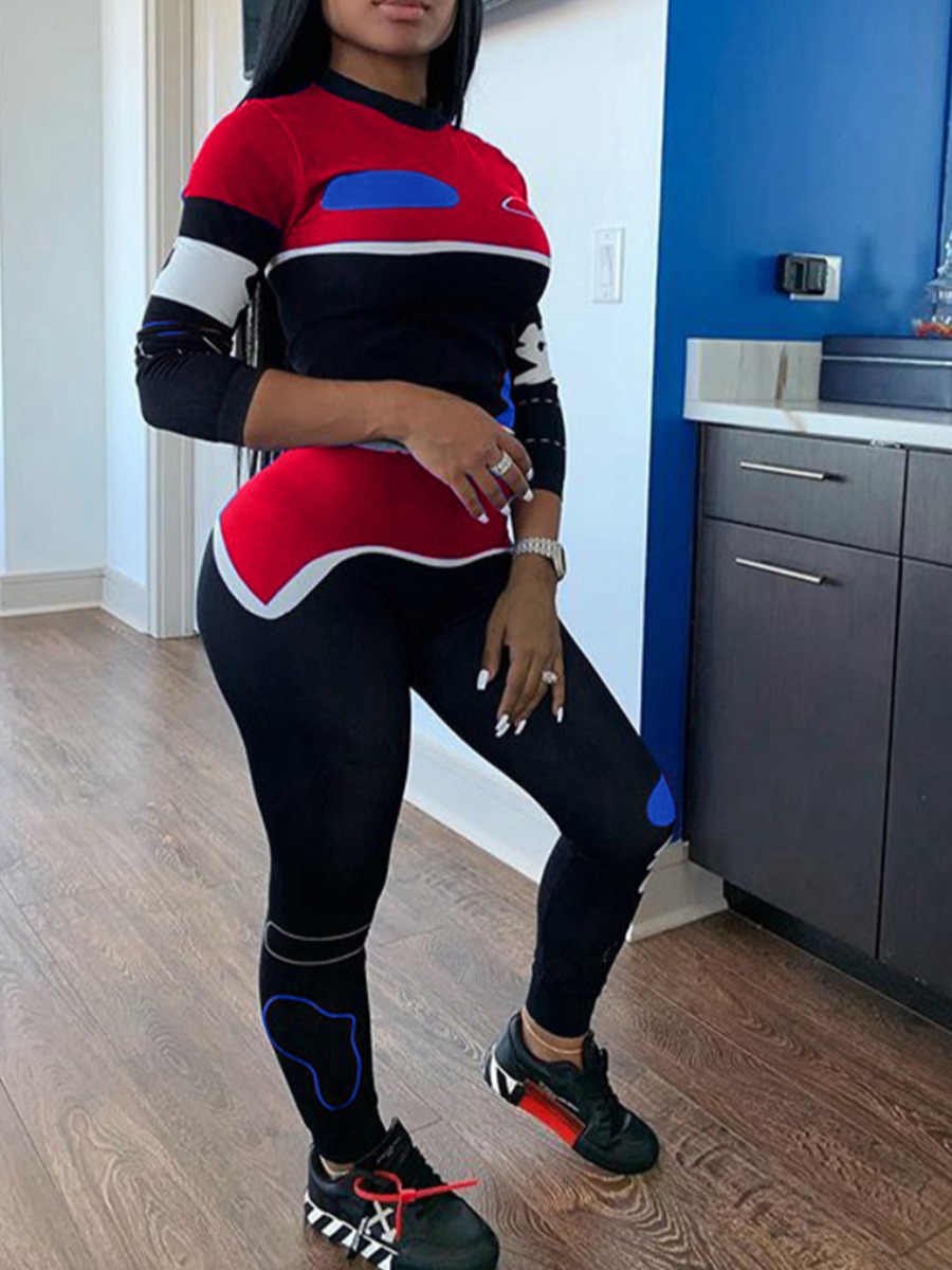 

lovely Sportswear O Neck Patchwork Red Two Piece Pants Set