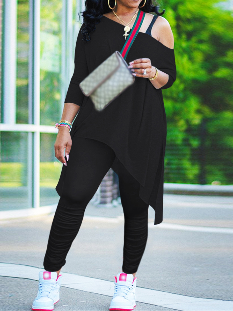 

Lovely Casual Asymmetrical Loose Black Two Piece Pants Set