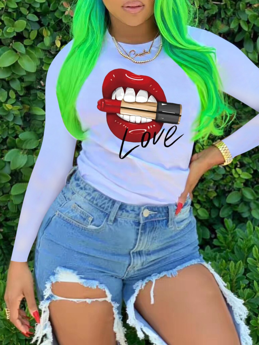 

lovely Casual O Neck Lip Print White T-shirt