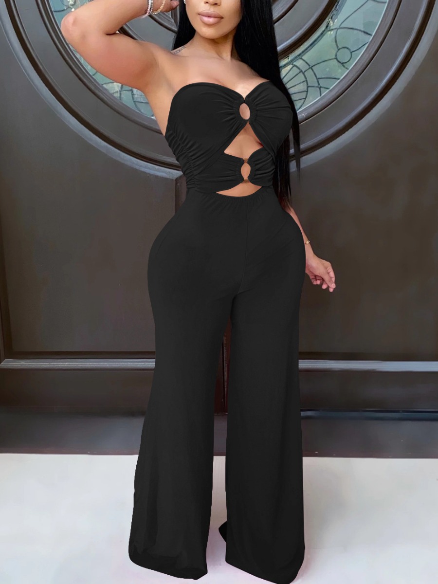 

lovely Trendy Dew Shoulder Hollow-out Black One-piece Jumpsuit