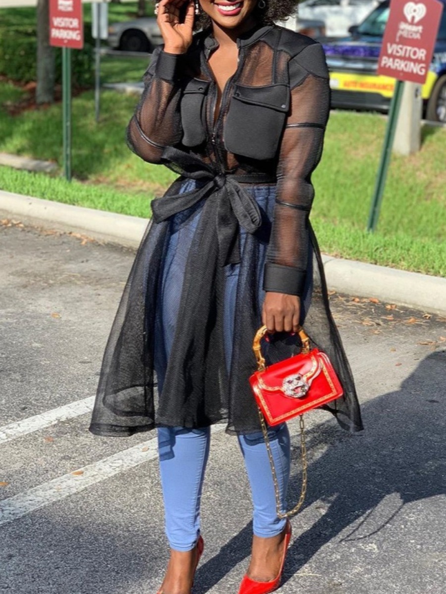 

lovely Casual Patchwork See-through Black Knee Length Dress