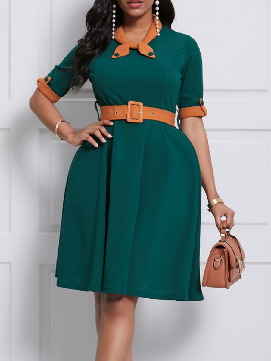 

lovely Trendy Patchwork Gree Knee Length Dress, Black green