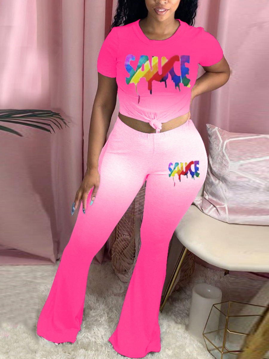 

lovely Trendy O Neck Gradient Letter Print Pink Two Piece Pants Set