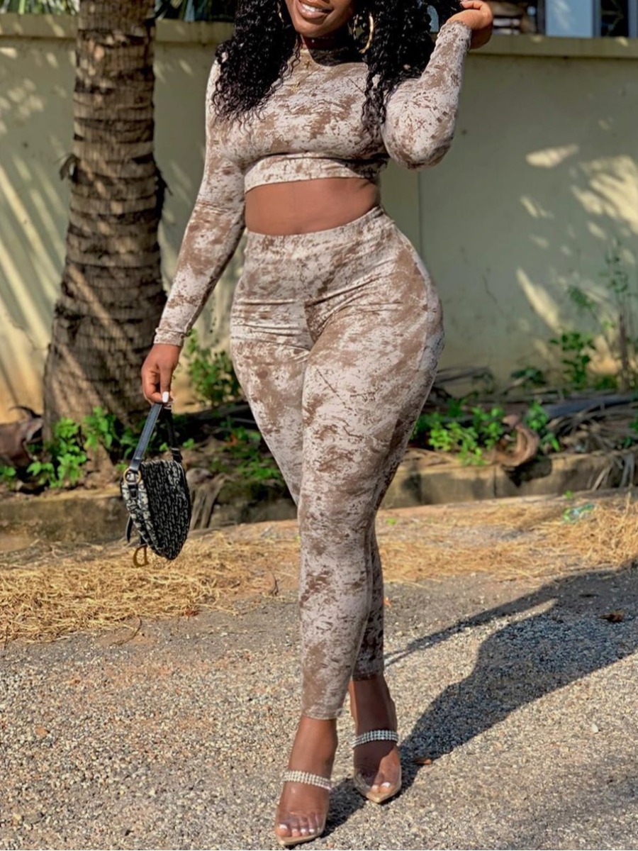

lovely Trendy O Neck Tie Dye Brown Two Piece Pants Set