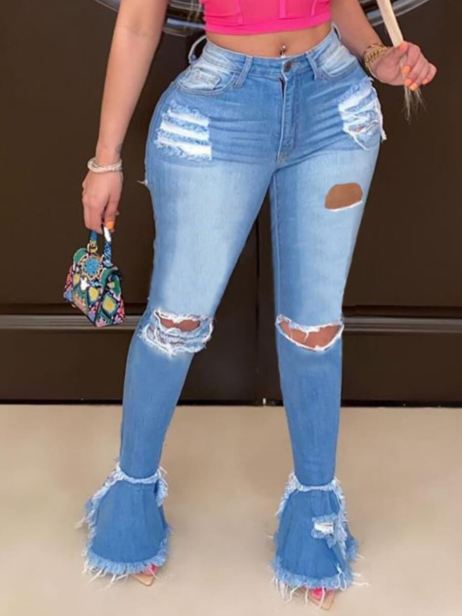 

Lovely Street Broken Holes Flared Baby Blue Jeans