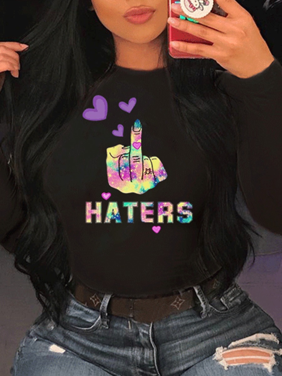 

Lovely Casual O Neck Letter Print Black T-shirt