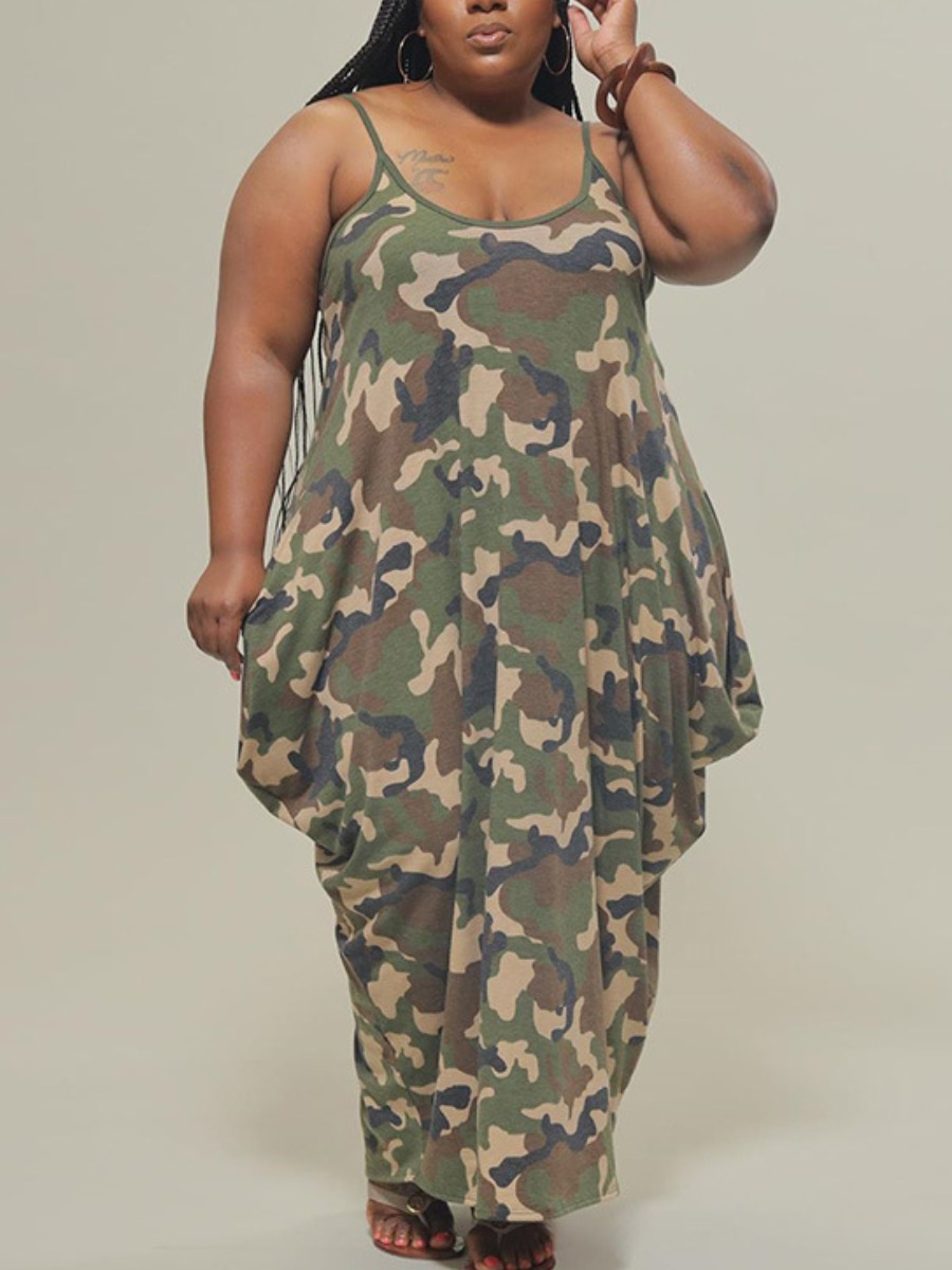 

lovely Stylish Spaghetti Strap Camo Print Maxi Plus Size Dress