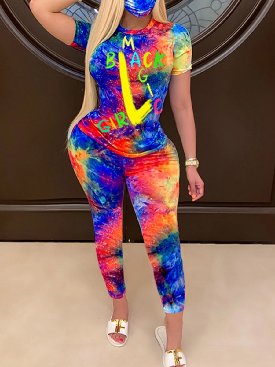

lovely Casual O Neck Letter Print Blue Plus Size Two-piece Pants Set