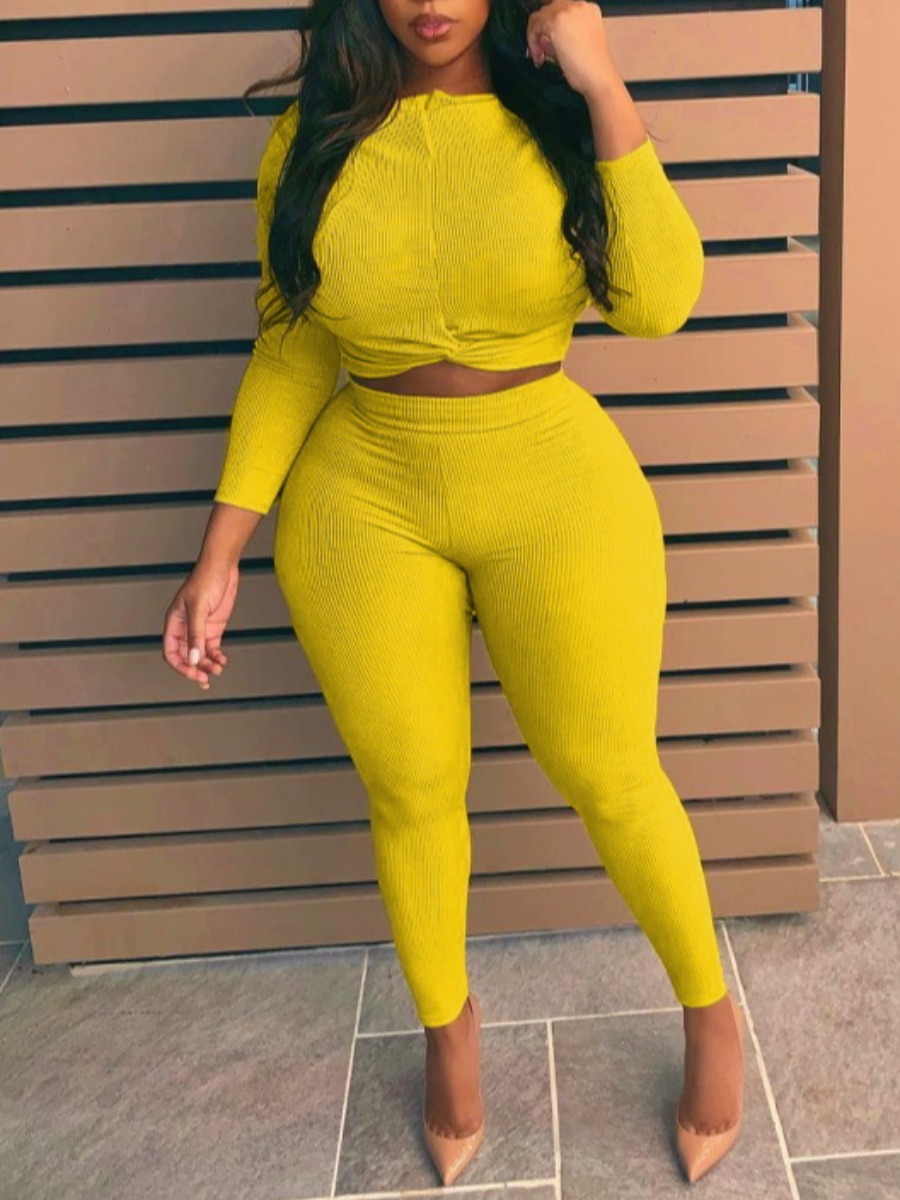 

lovely Casual O Neck Knot Design Yellow Plus Size Two-piece Pants Set
