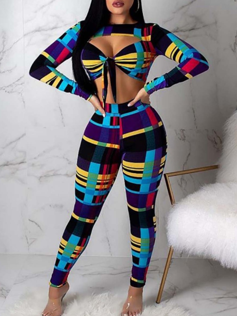 

LW Plaid Bandage Hollow-out Design Pants Set, Blue