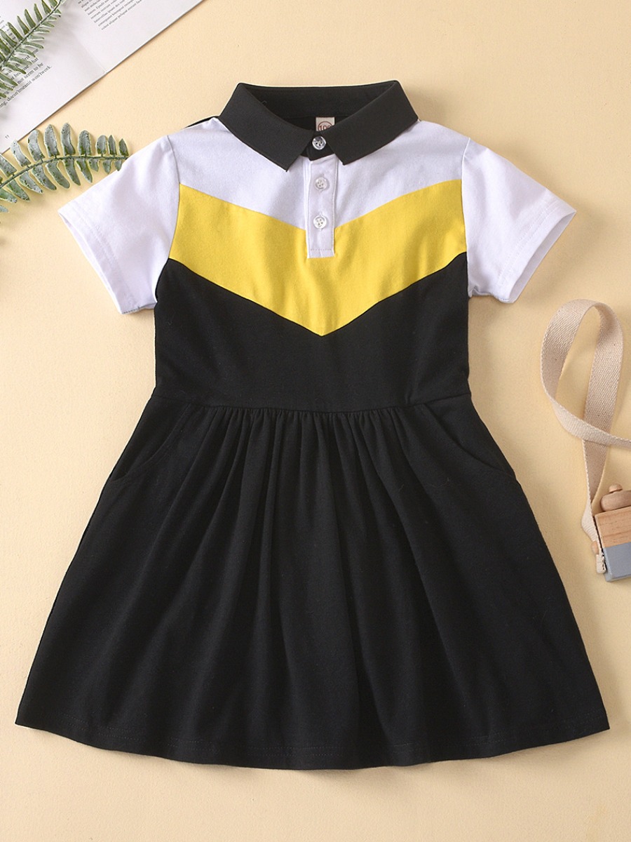 

lovely Casual Turndown Collar Patchwork Black Girl Knee Length Dress