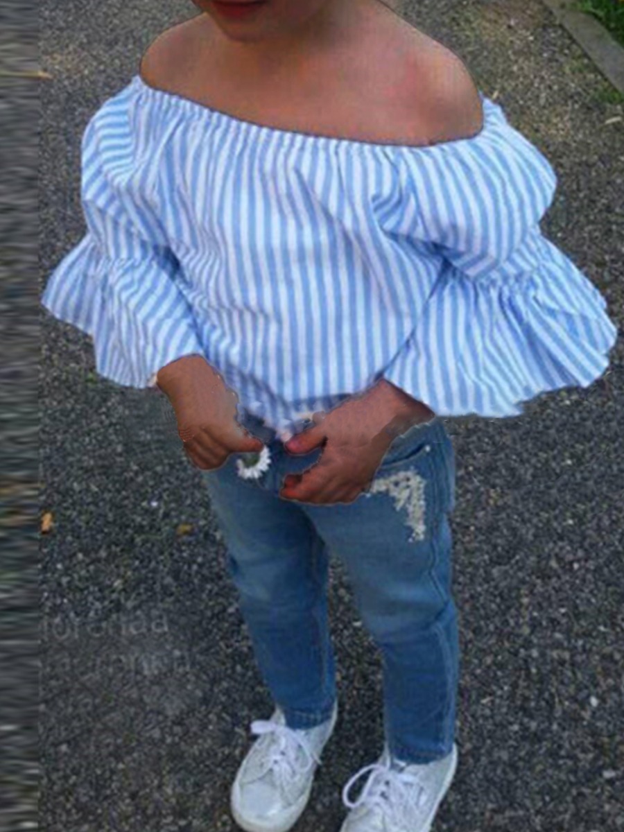 

lovely Sweet Dew Shoulder Striped Blue Girl Two-piece Pants Set