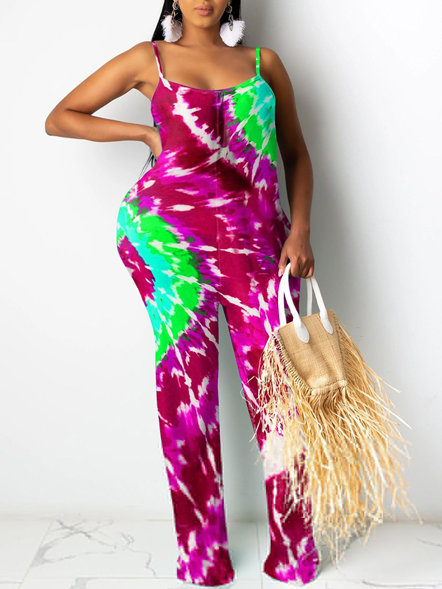 

Lovely Sportswear Spaghetti Strap Tie-dye Purple One-piece Jumpsuit