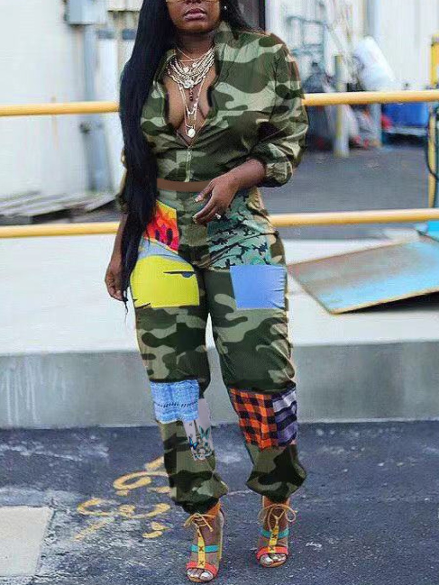 

Lovely Street Zipper Design Camo Print Green Two Piece Pants Set