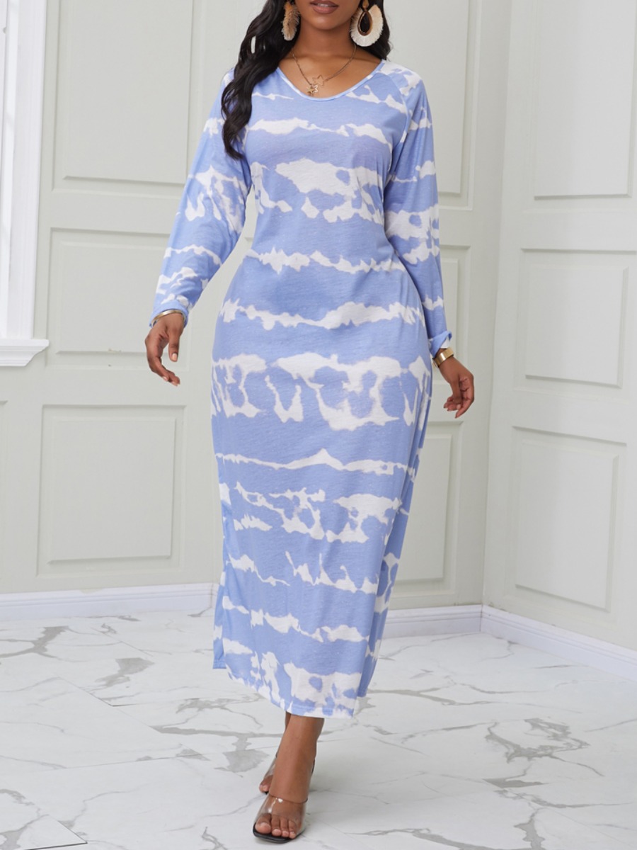 

lovely Casual V Neck Tie-dye Baby Blue Ankle Length Dress