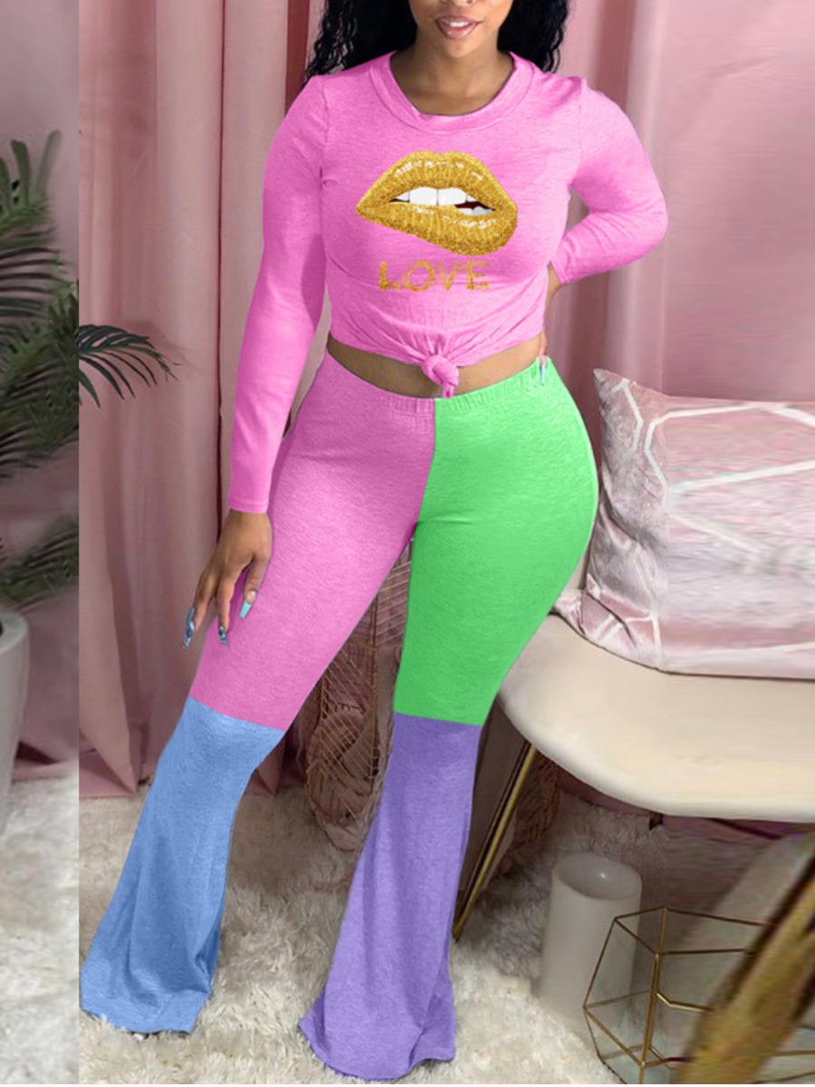 

lovely Casual O Neck Lip Print Patchwork Pink Two Piece Pants Set